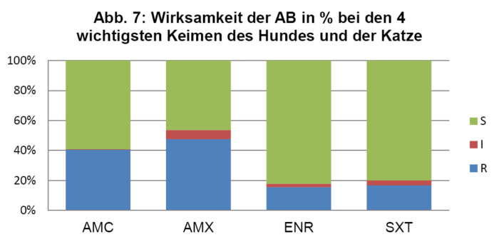 Laboklin: Wirksamkeit der AB in % bei den 4 wichtigsten Keimen des Hundes und der Katze