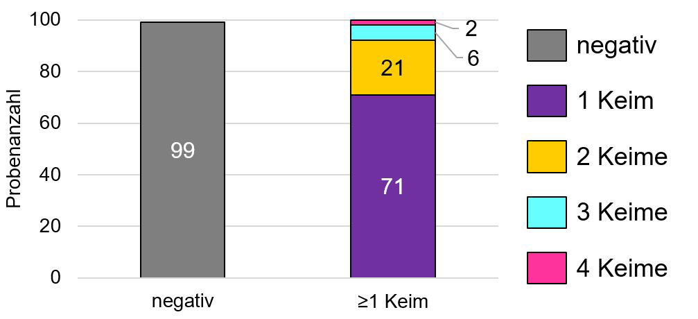Anzahl der bakteriologisch positiven und negativen Proben. Aufteilung der positiven Proben in mono- und poly-mikrobielle Proben (n = 199 Proben).